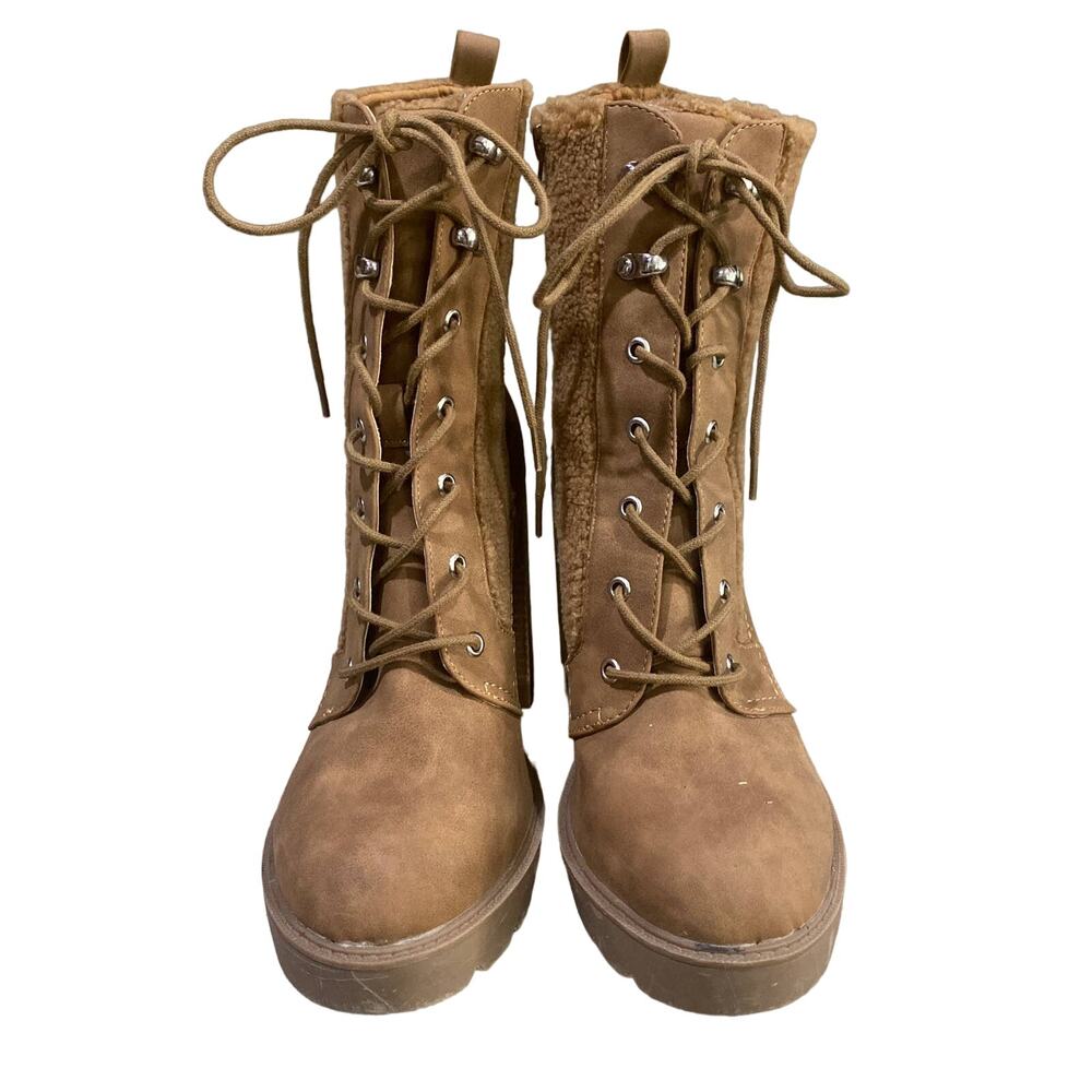 DV Dolce Vita  Dixy Faux Shearling Platform Heeled Bootie Brown Laceup Size 9.5